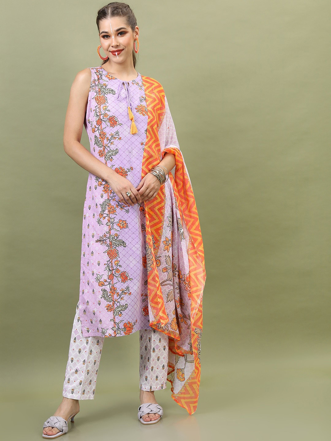 Vishudh Women Mauve Printed Pure Cotton Kurta with Trousers & With Dupatta