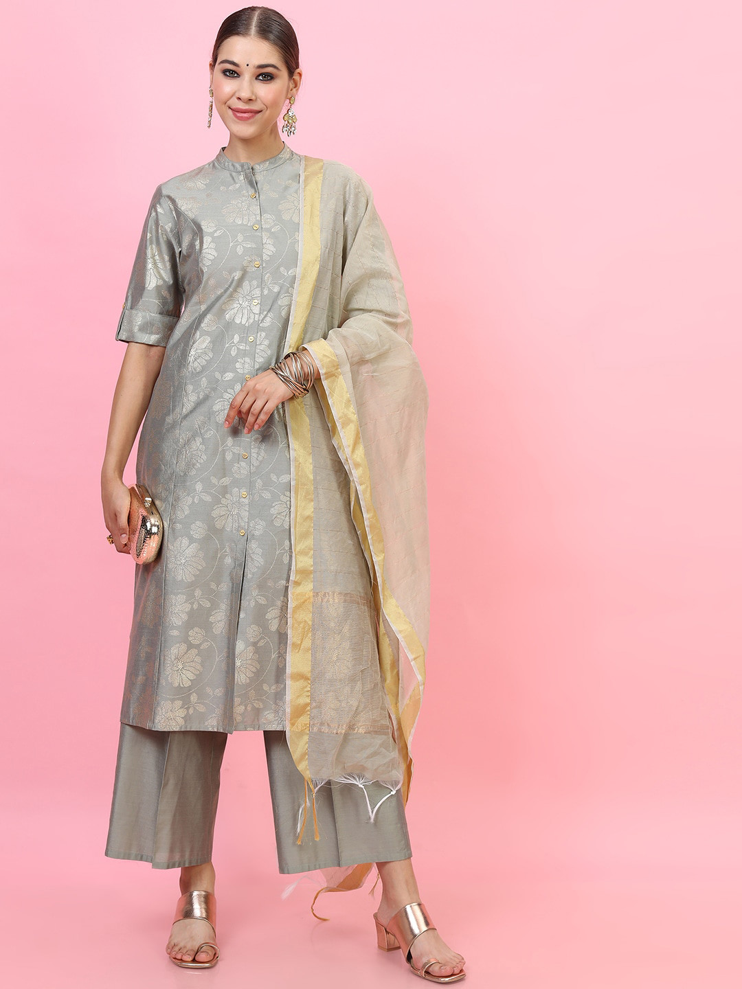 Vishudh Women Grey Ethnic Motifs Panelled Kurta with Skirt & With Dupatta