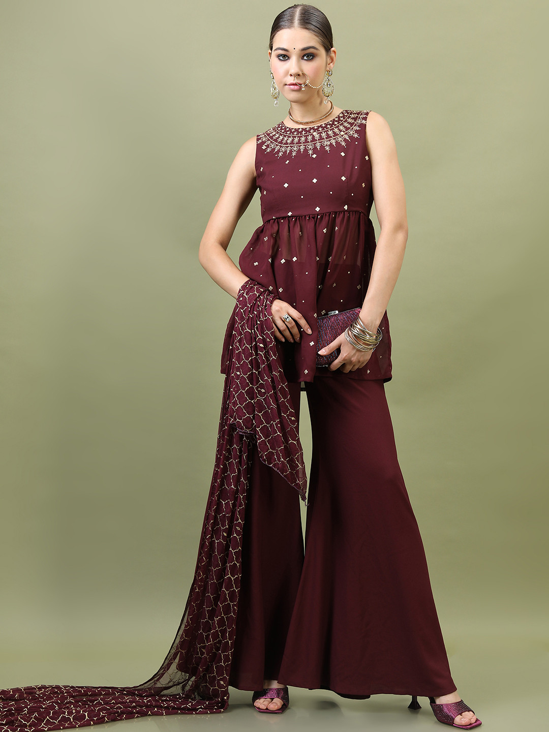 Vishudh Women Maroon Embroidered Empire Kurti with Sharara & With Dupatta
