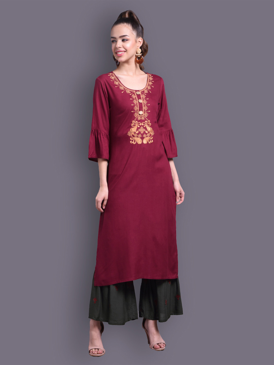 DORIYA Women Maroon Floral Embroidered Yoke Design Kurta with Sharara Set