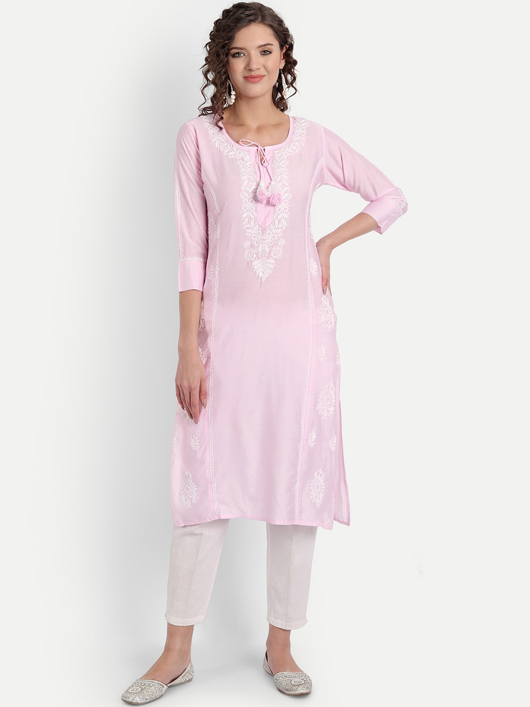 Indiankala4u Women Pink Floral Embroidered Chikanakri Thread Work Chanderi Silk Kurta