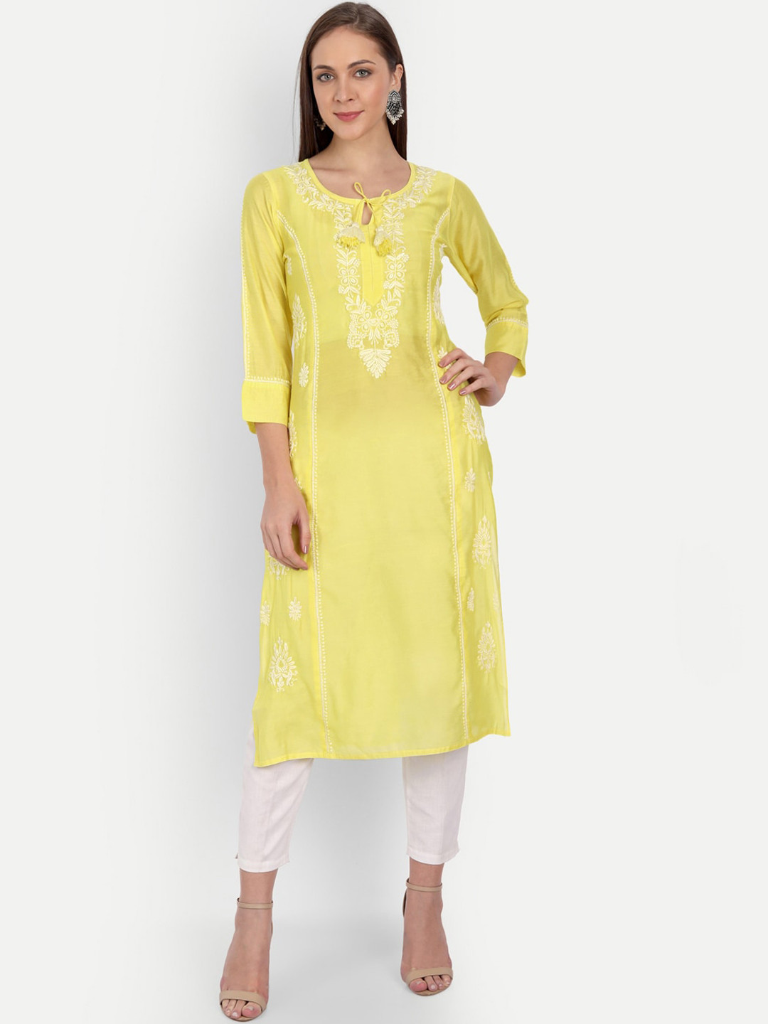 Indiankala4u Women Yellow Yoke Design Chikanakri Chanderi Silk Kurta