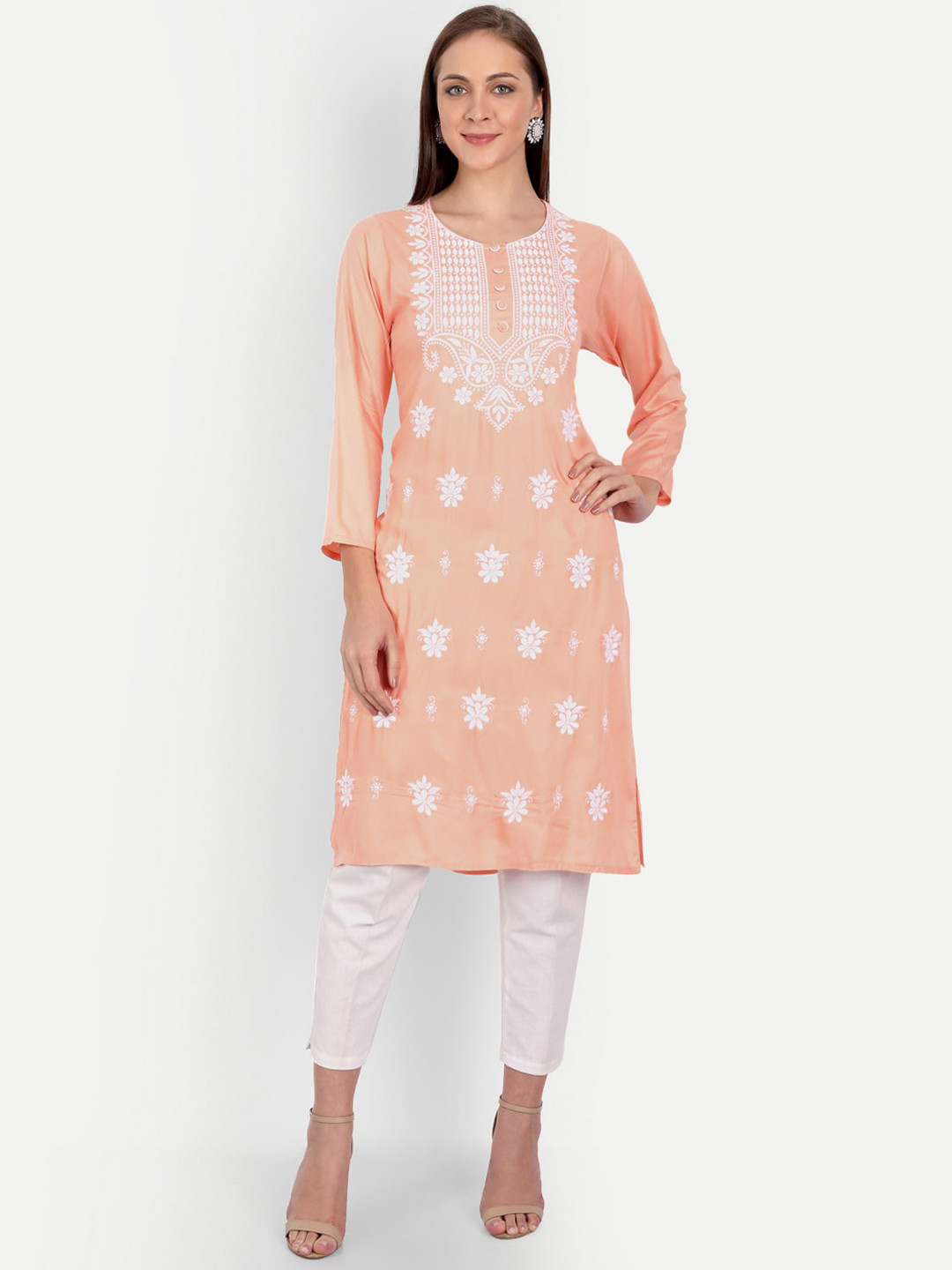 Indiankala4u Women Peach-Coloured & White Floral Embroidered Thread Work Kurta