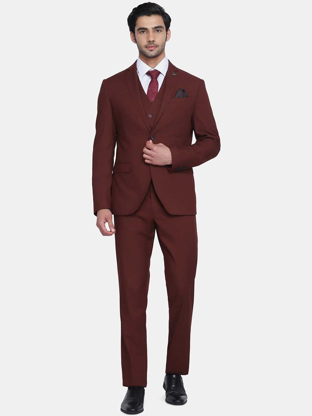 Blackberrys Men Rust-Colored Solid Slim-Fit Single-Breasted Three-Piece Formal Suit