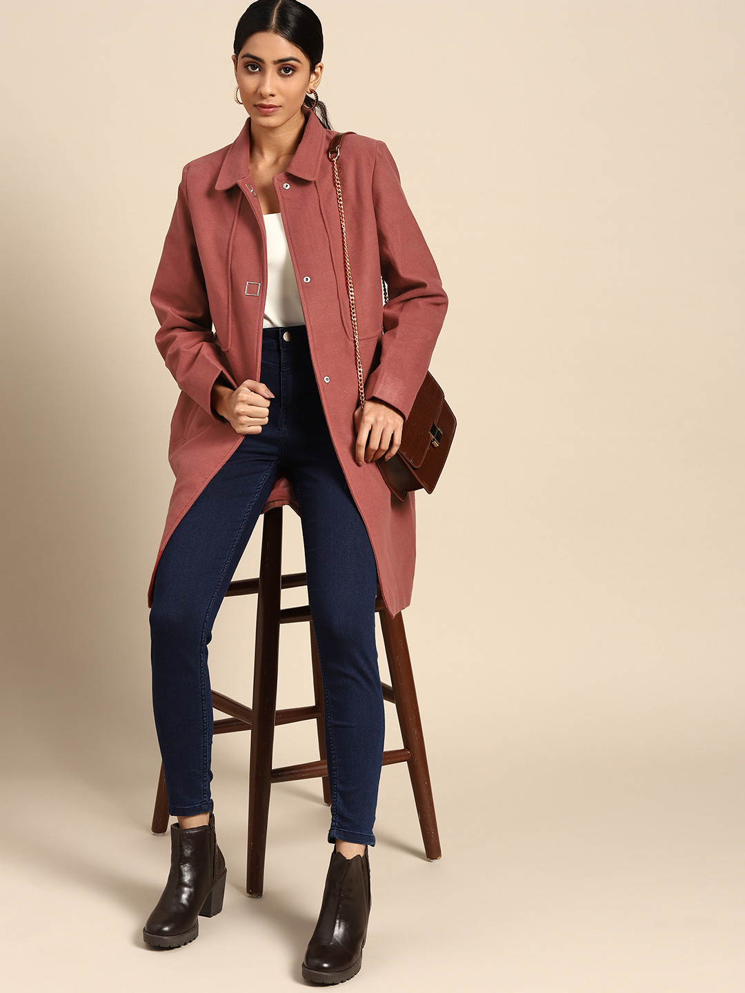 all about you Women Rust Red Solid Longline Overcoat