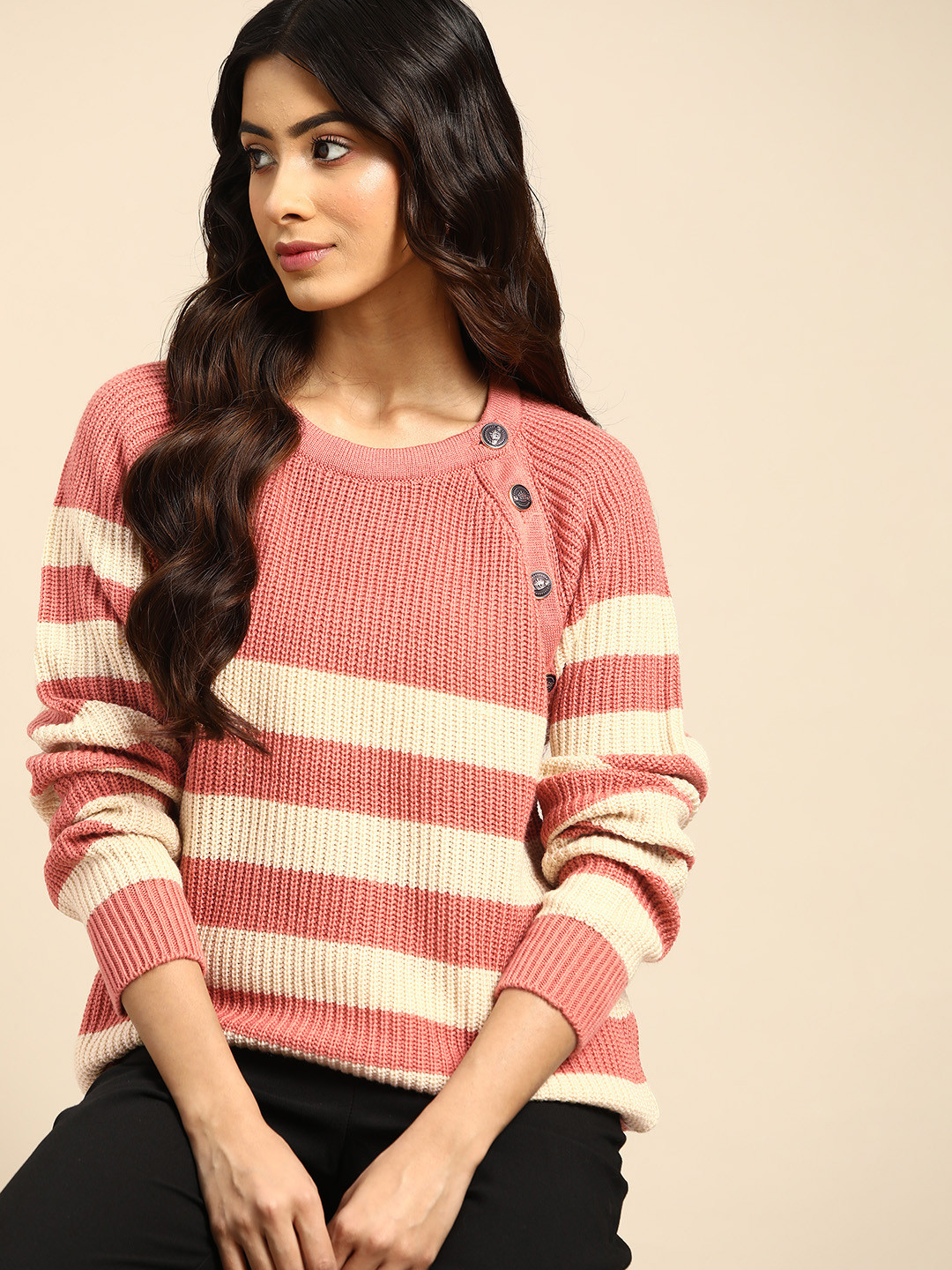 all about you Women Pink & Cream-Coloured Striped Button Detail Pullover
