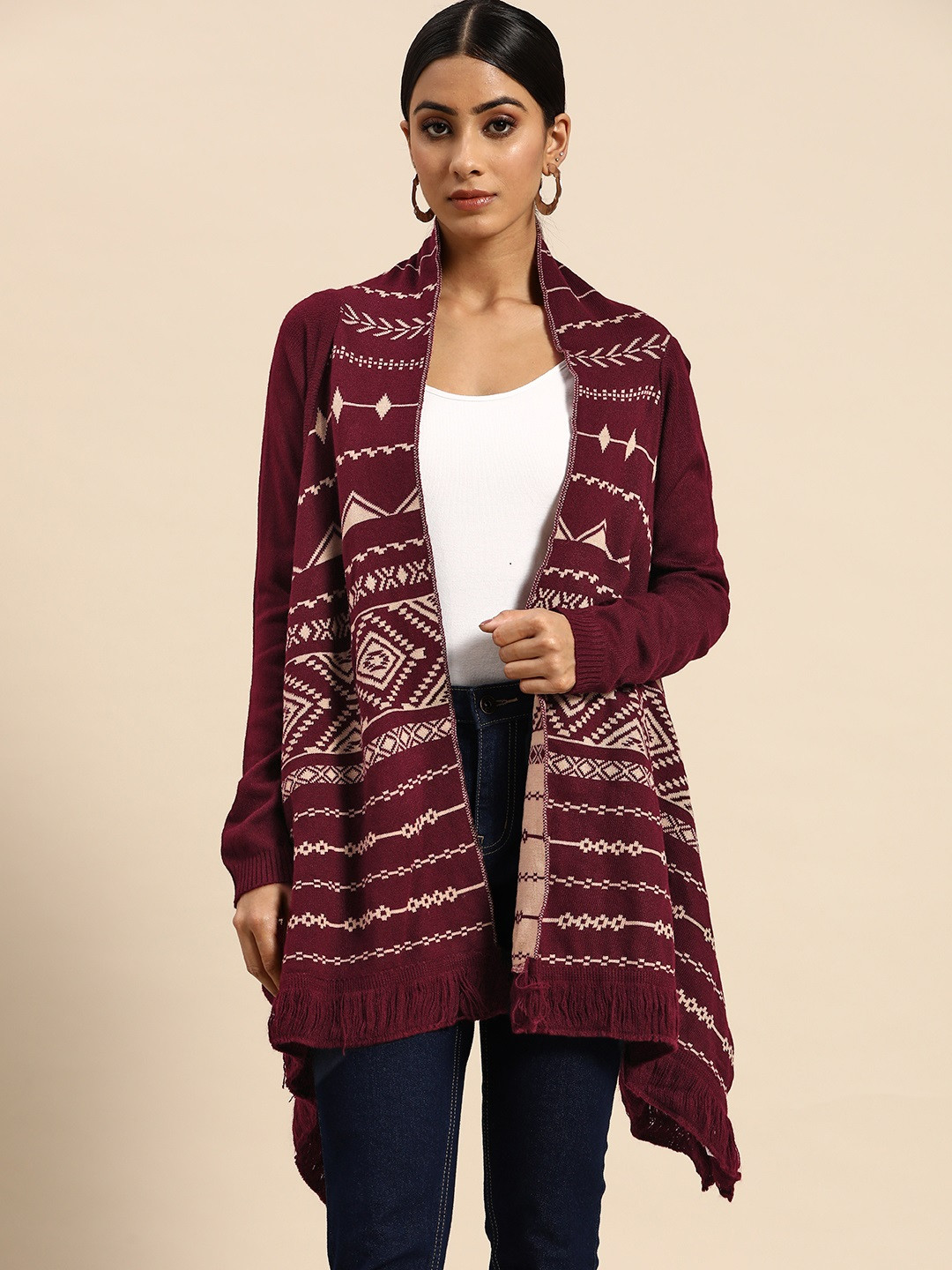 all about you Women Maroon & Beige Acrylic Geometric Pattern Front-Open Sweater