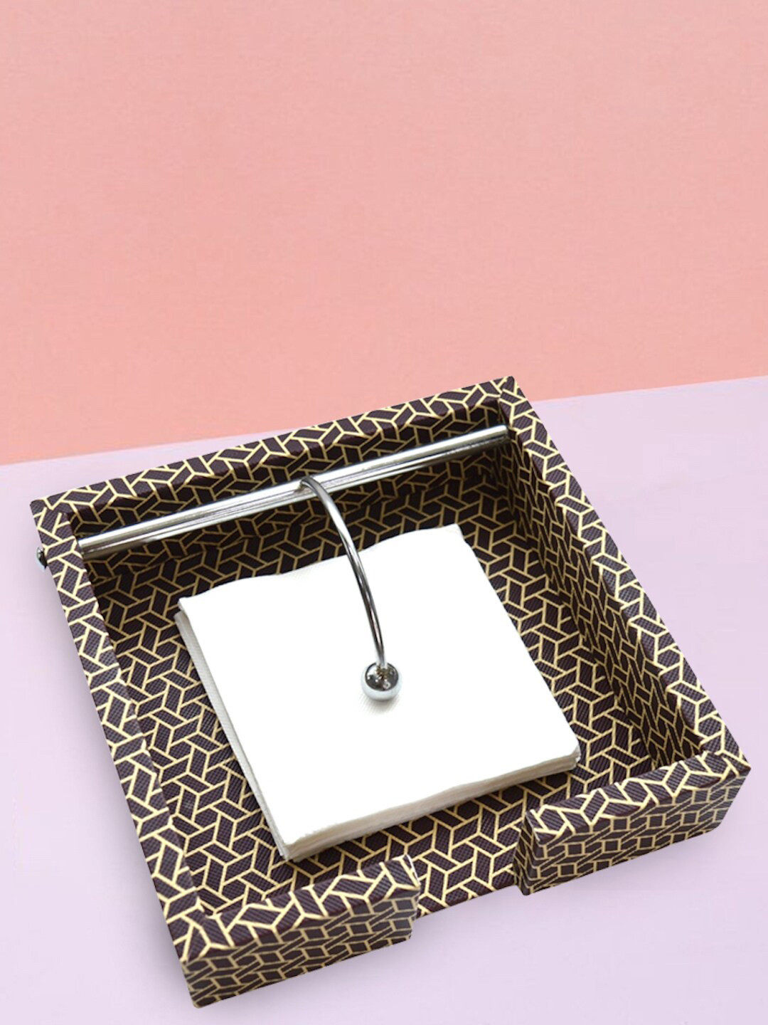 Tranquil square Brown Geometric Printed Handcrafted Napkin Holder