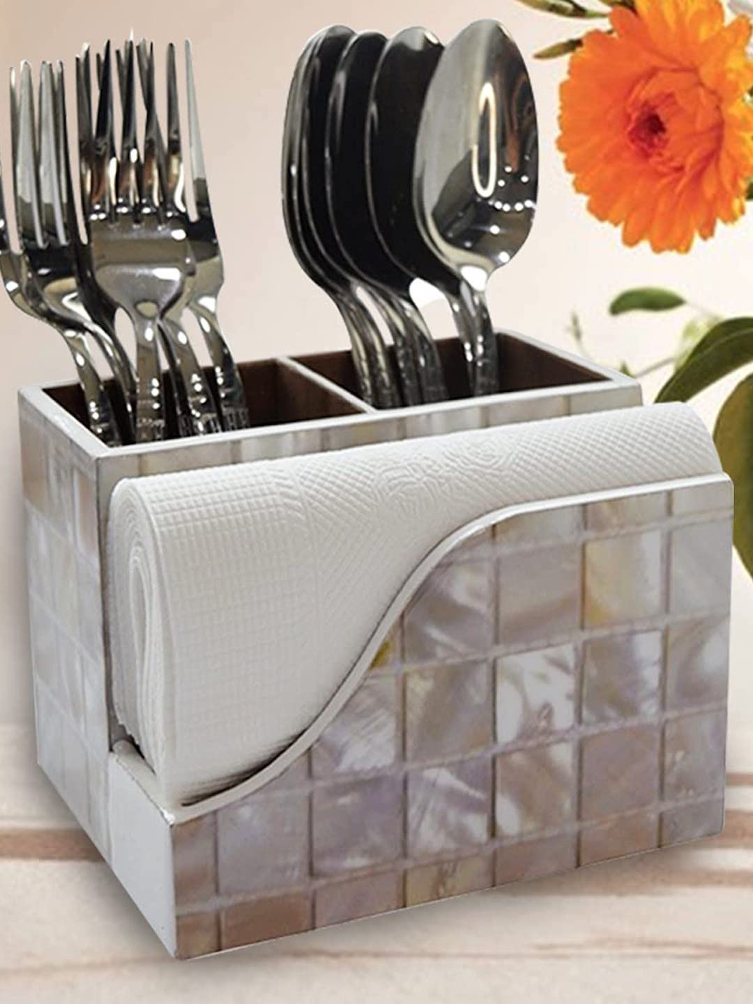 Tranquil square White Printed Handcrafted Napkin Cutlery Holder