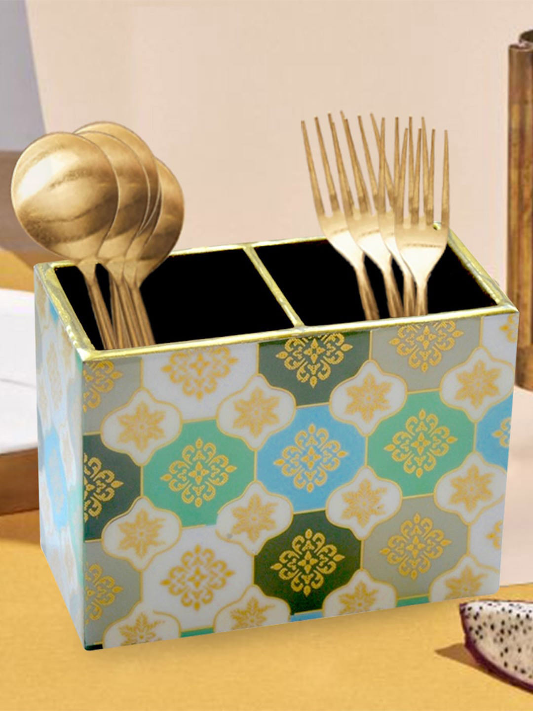 Tranquil square White & Gold-Toned Printed Two Rack Wooden Cutlery Stand