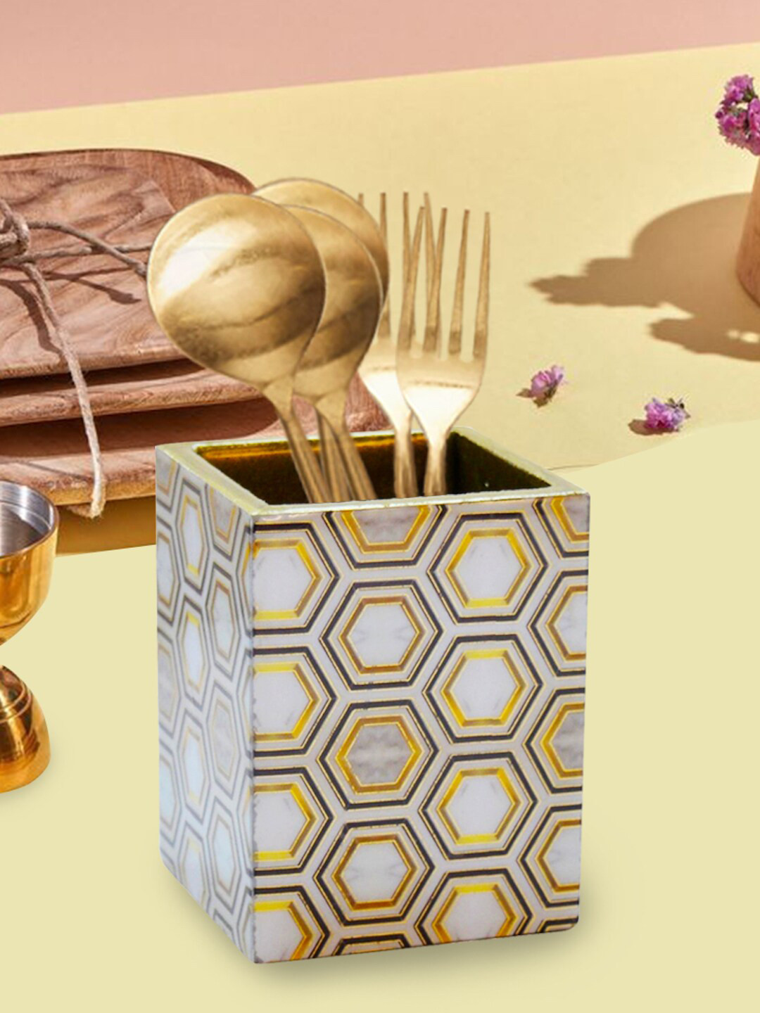 Tranquil square White & Gold-Toned Printed One Rack Wooden Cutlery Stand