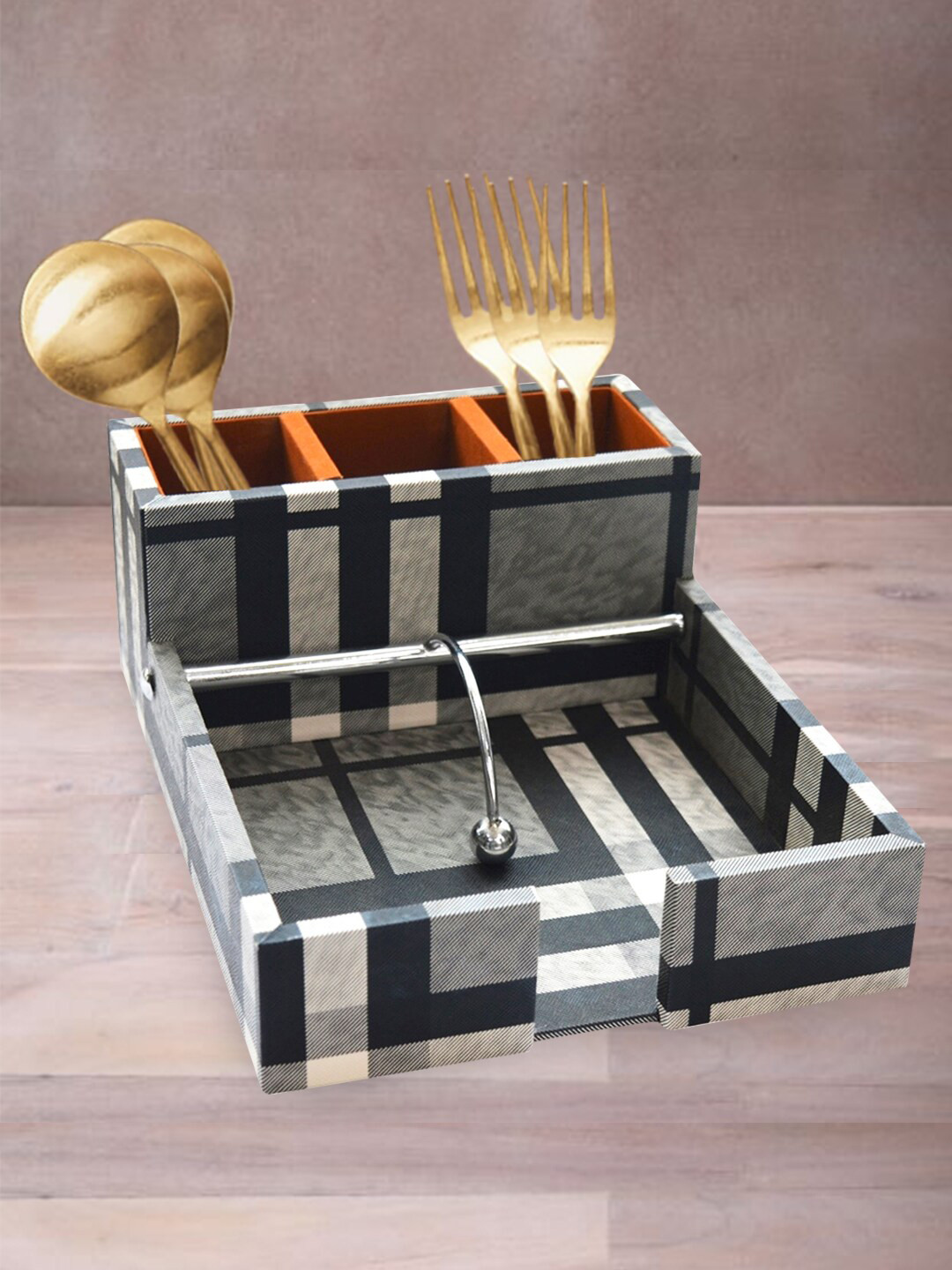 Tranquil square Black & White Checked HandCrafted Napkin Cutlery Holder