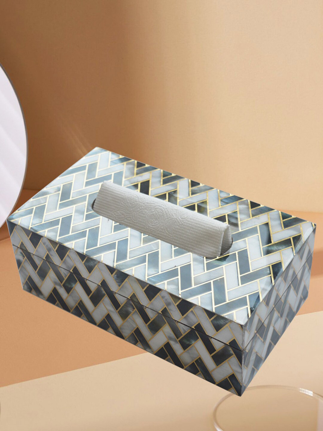 Tranquil square White & Blue Printed Wooden Tissue Paper Box