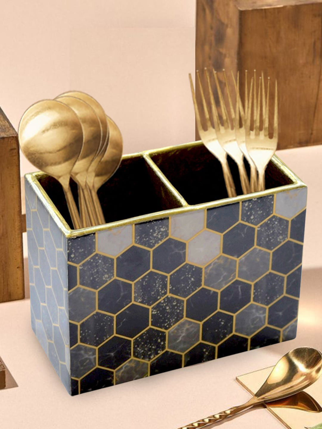 Tranquil square Blue Hive Glossy Marble Finish Two Rack Wooden Cutlery Stand