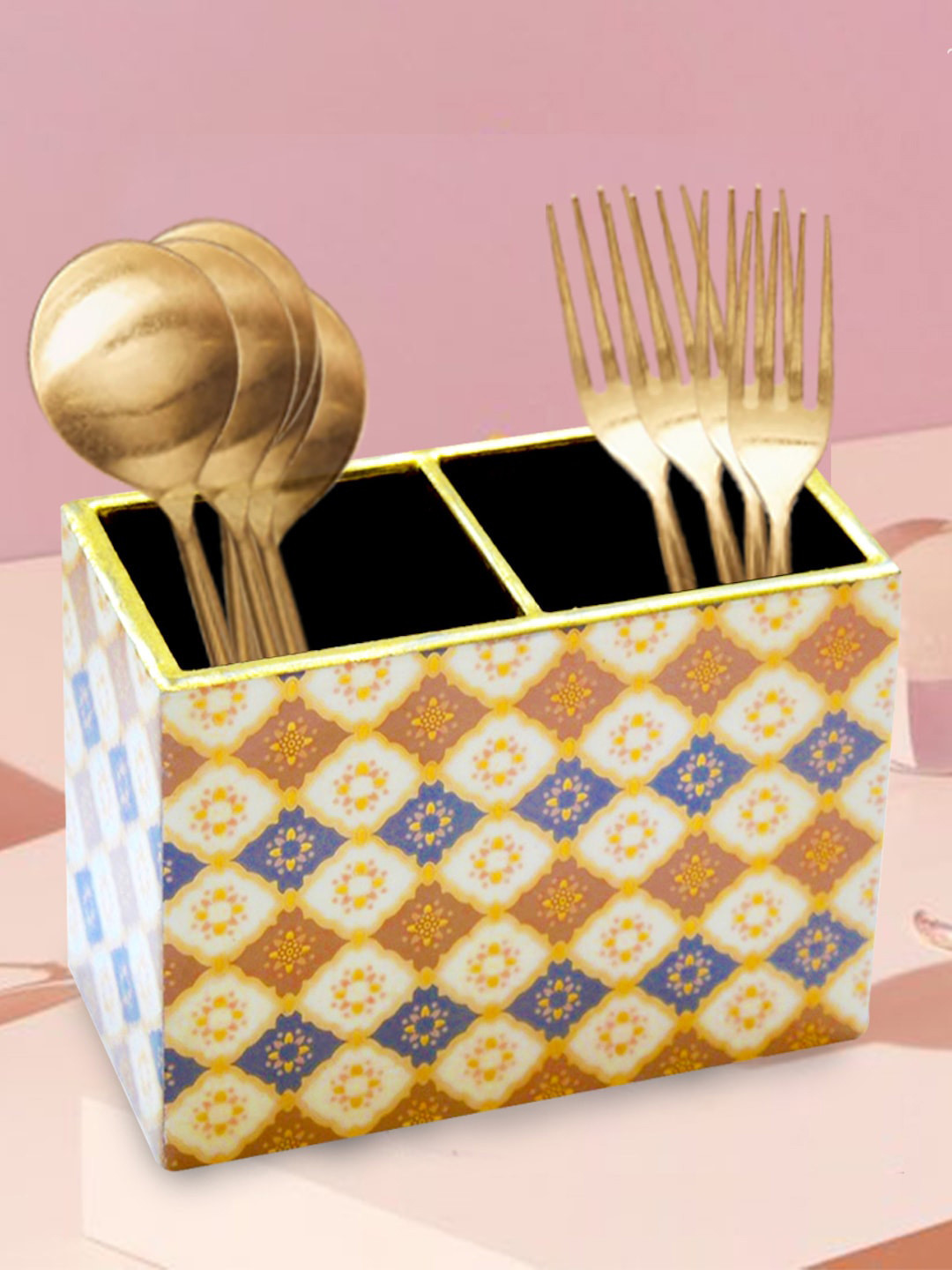 Tranquil square  Multi-Colored Printed Wooden Cutlery Holder Dining Essentials