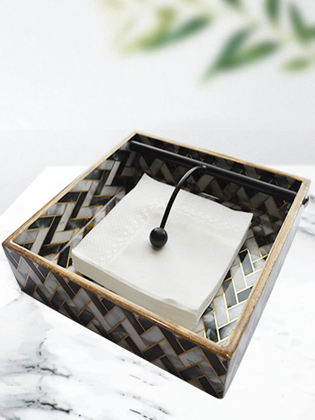 Tranquil square White & Green Printed Wooden Napkin Holder