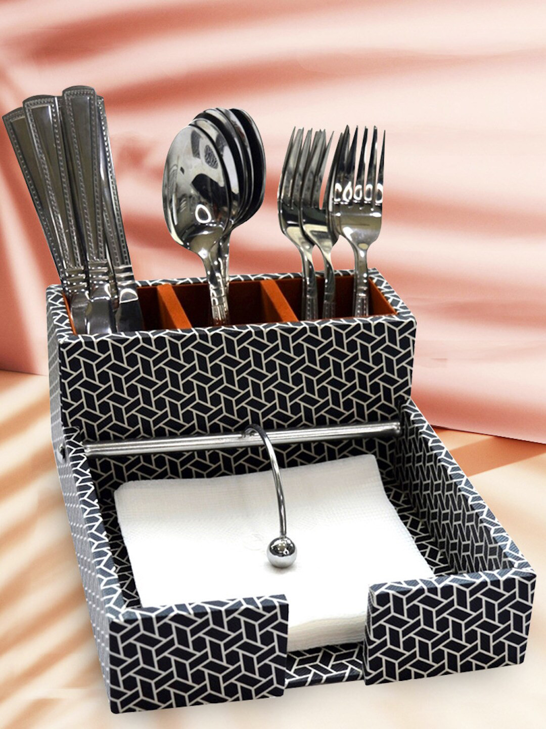 Tranquil square Black & White Printed Wooden Napkin Holder Plus Cutlery Stand