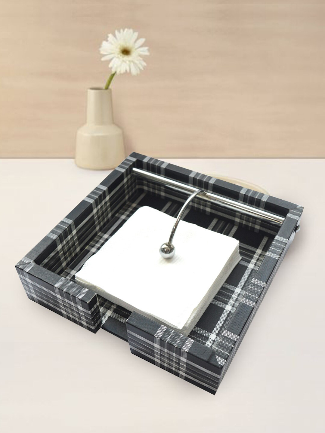 Tranquil square Black & White Checkered Design Wooden Napkin Holder