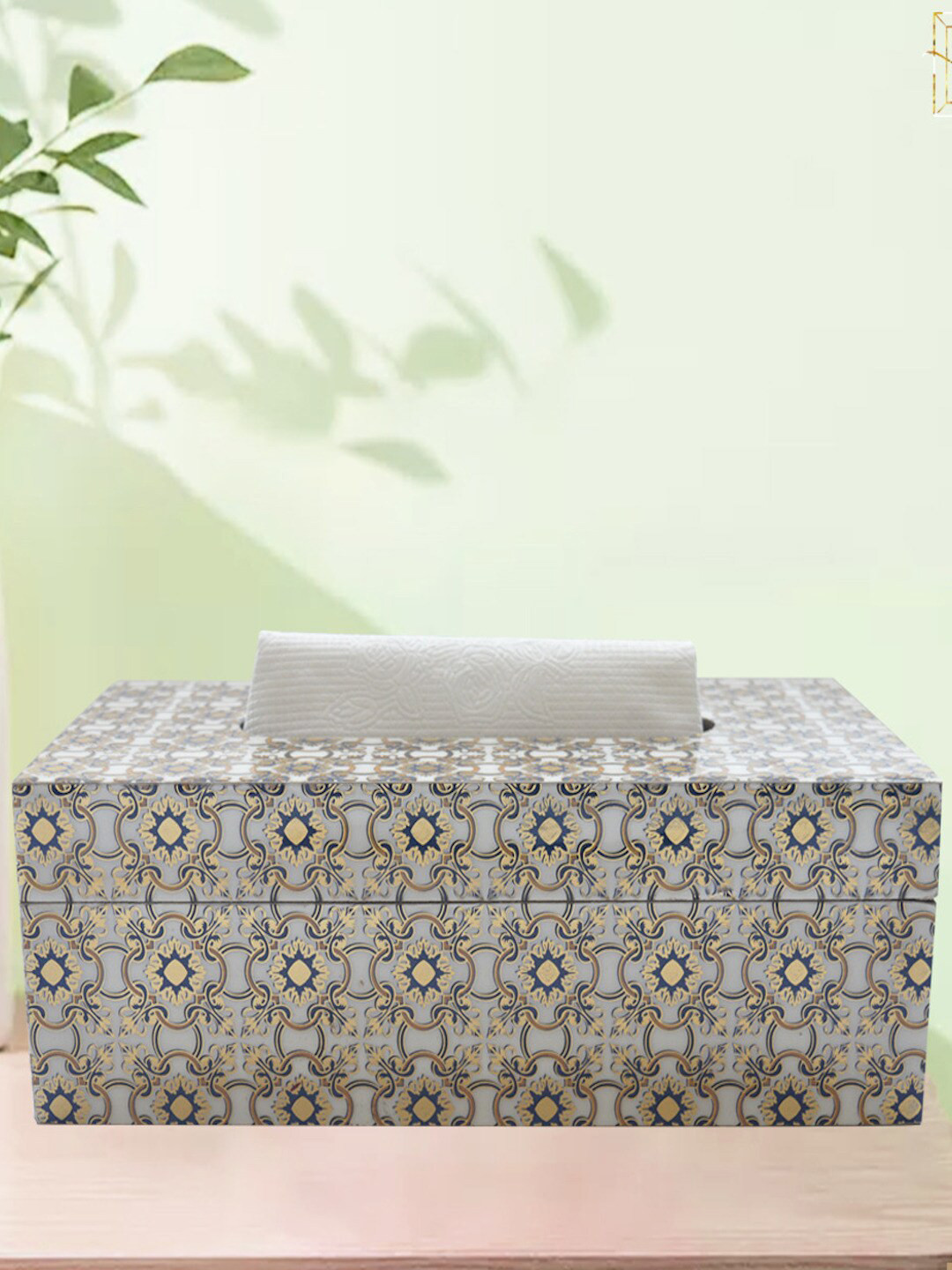 Tranquil square White Printed Wooden Tissue Paper Box