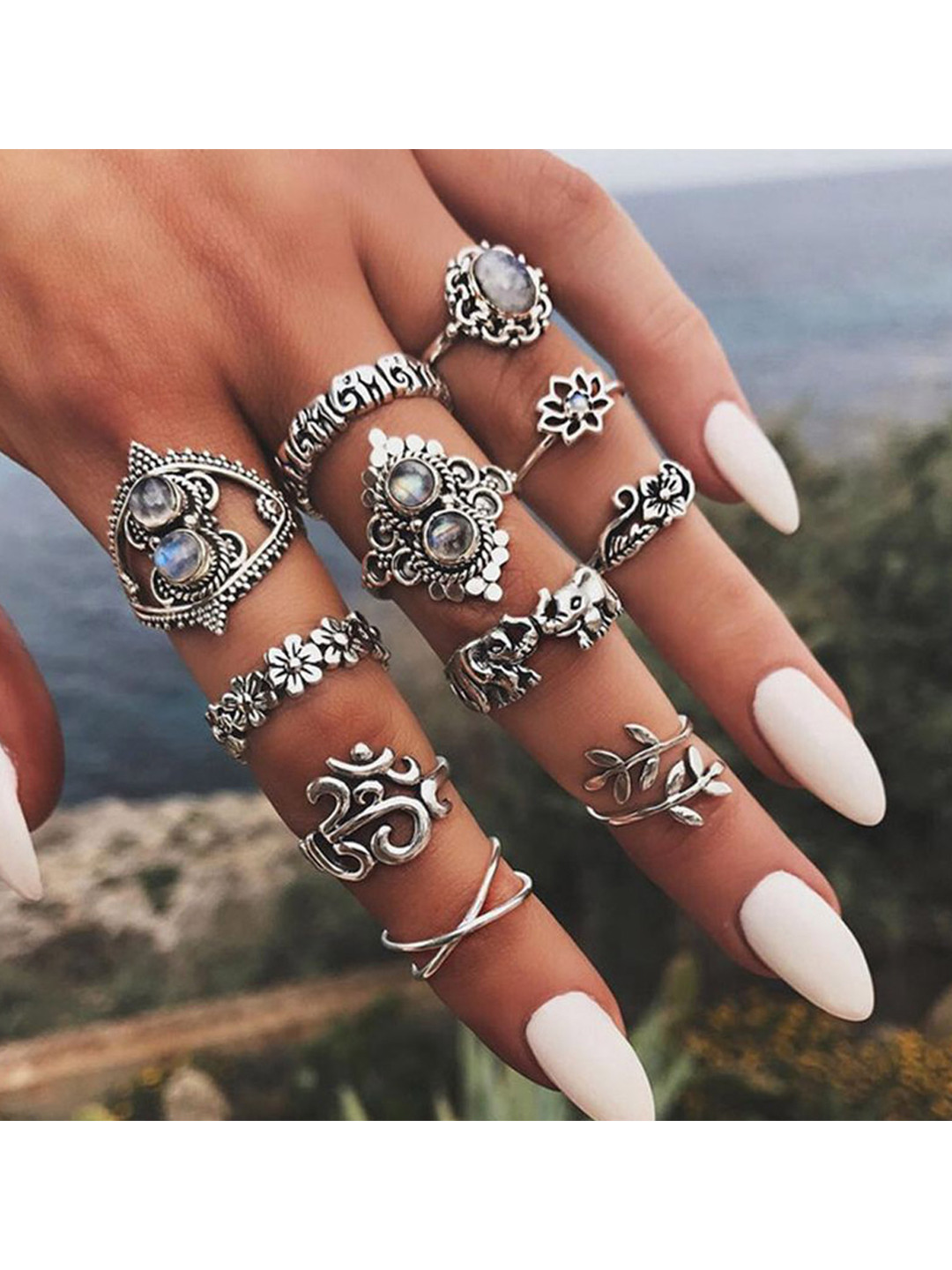 Yellow Chimes Set Of 11 Oxidized Silver-Plated Adjustable Knuckle Finger Ring