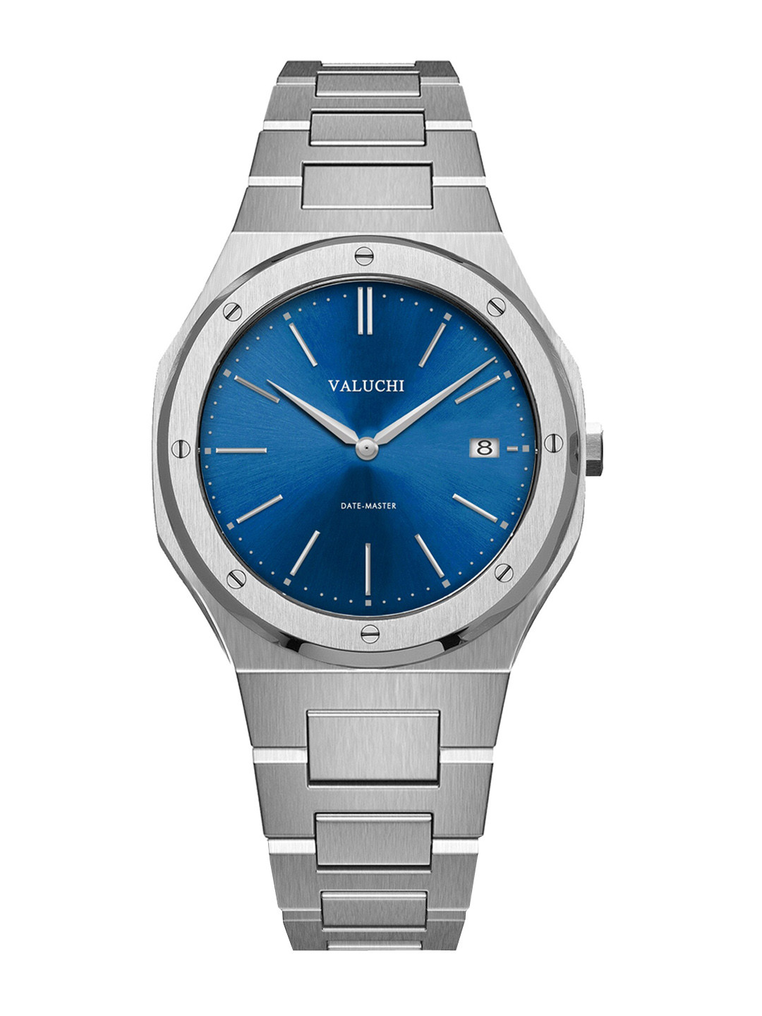 Valuchi Men Blue Dial & Silver Toned Stainless Steel Bracelet Style Straps Analogue Motion Powered Watch