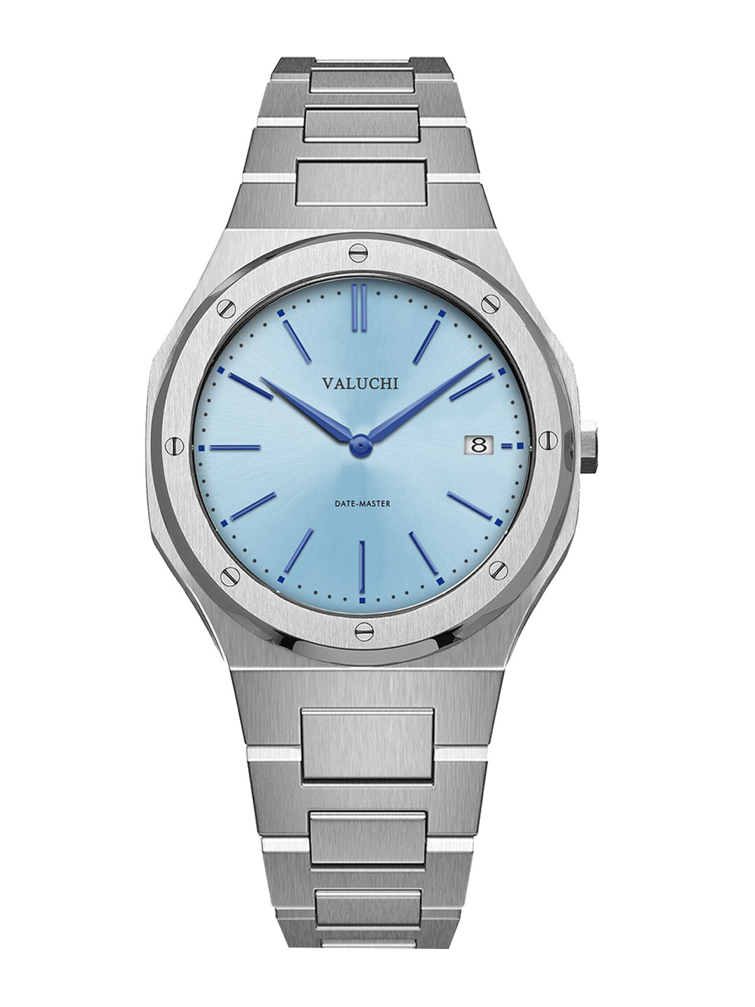 Valuchi Men Blue Dial & Silver Toned Stainless Steel Bracelet Style Straps Analogue Motion Powered Watch