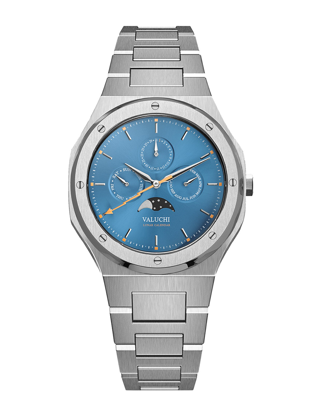 Valuchi Men Blue Dial & Silver Toned Stainless Steel Bracelet Style Straps Analogue Automatic Motion Powered Watch