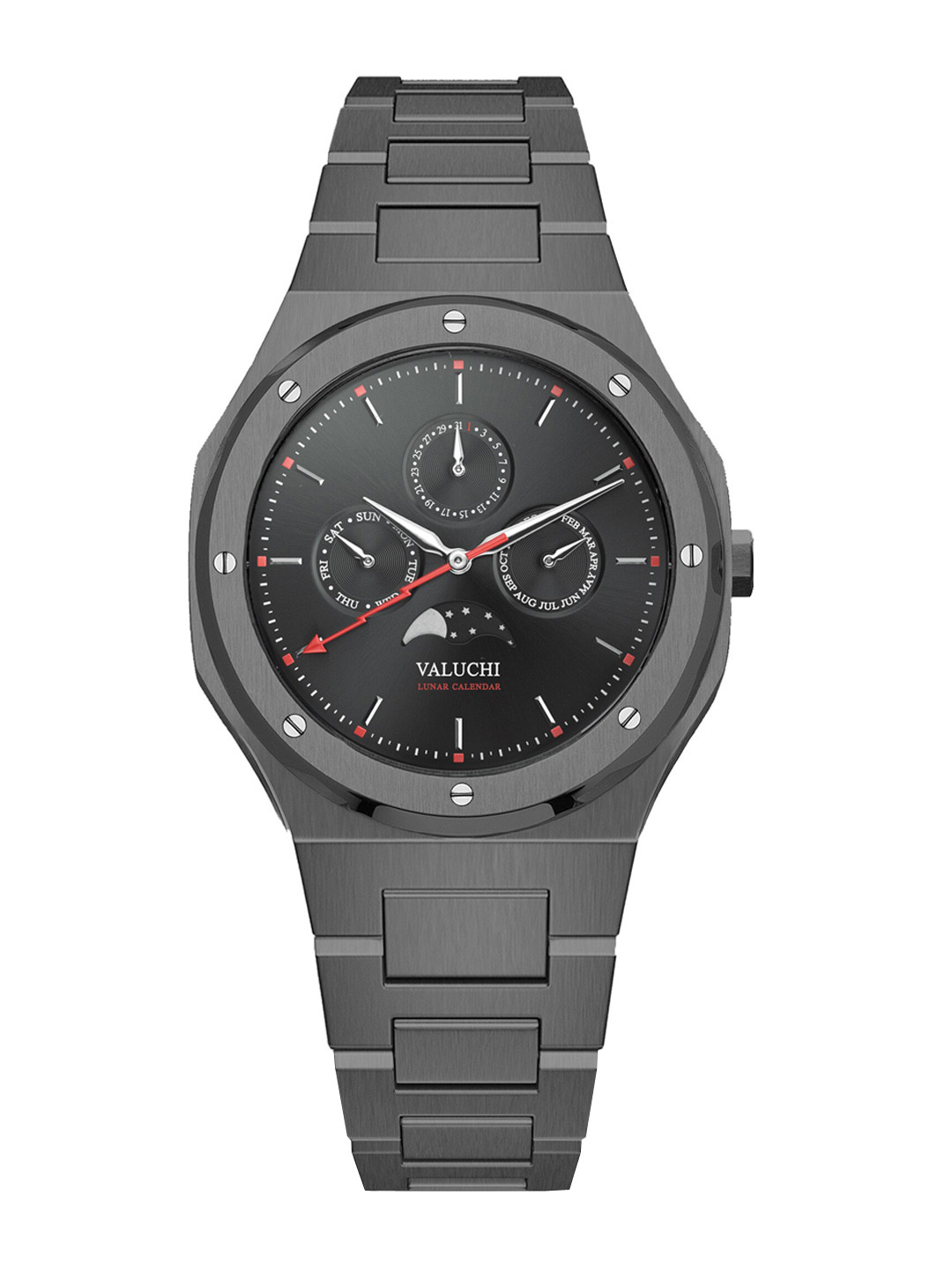 Valuchi Men Black Dial & Black Stainless Steel Bracelet Style Straps Analogue Motion Powered Watch