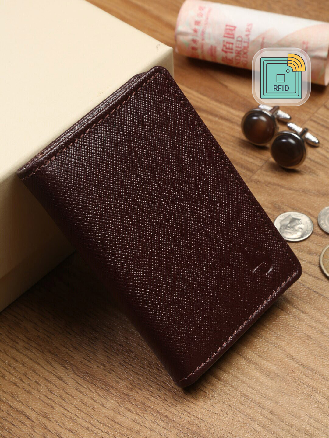 Louis Stitch Saffiano Leather Maroon Bifold Wallet for Men