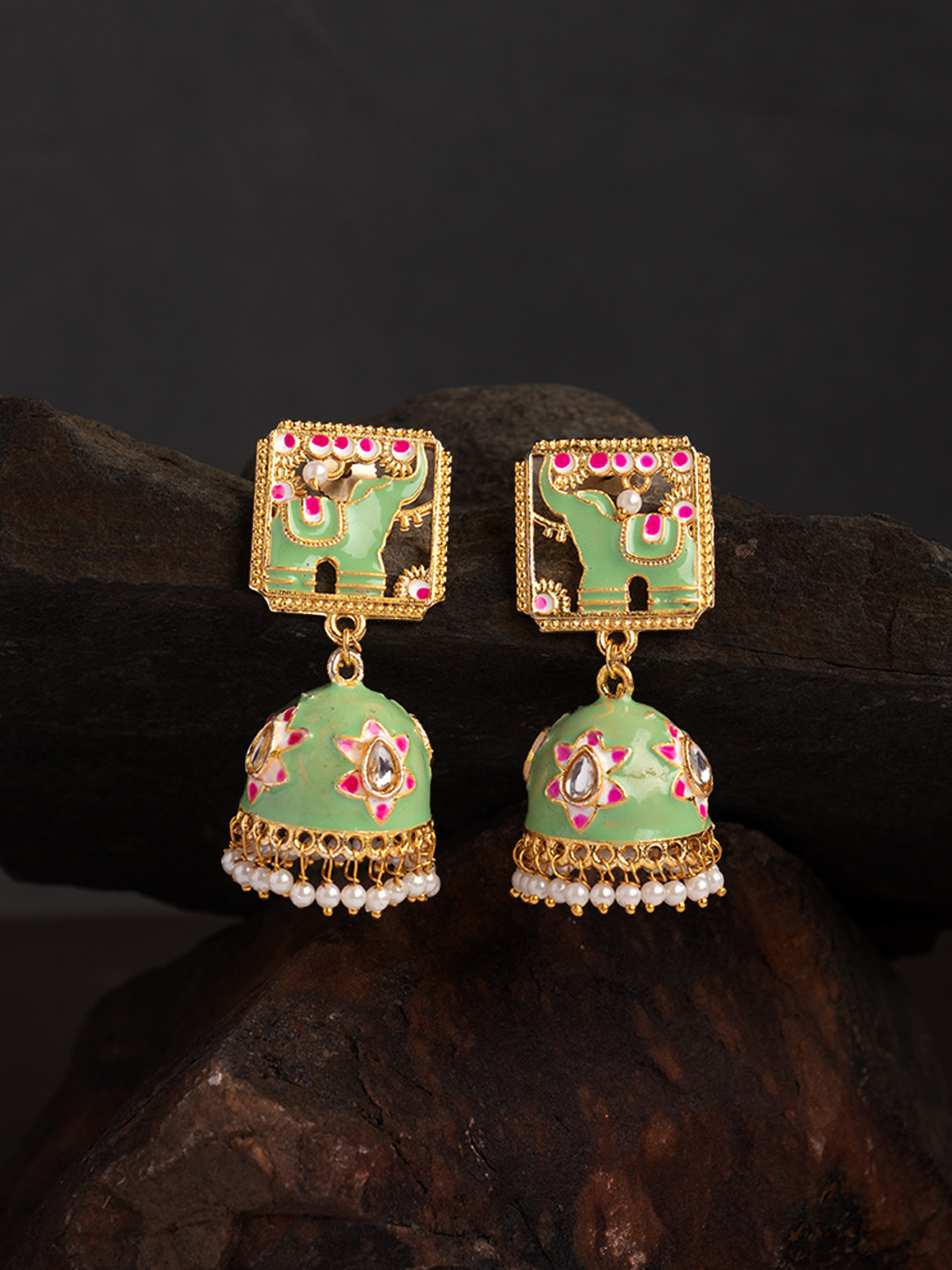 Ozanoo Women Gold-Toned & Green Square Elephant Jhumkas Earrings