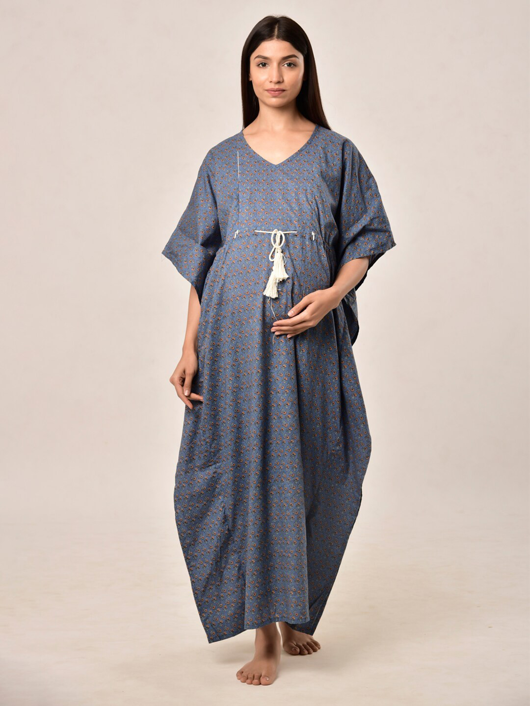 CRAFIQA Women Blue Printed Pure Cotton Maternity & Nursing Kaftan Maxi Nightdress