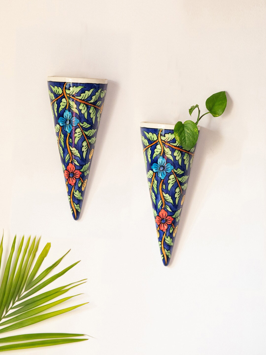 ExclusiveLane Set Of 2 Floral Cones Multi-Colored Ceramic Wall Planters