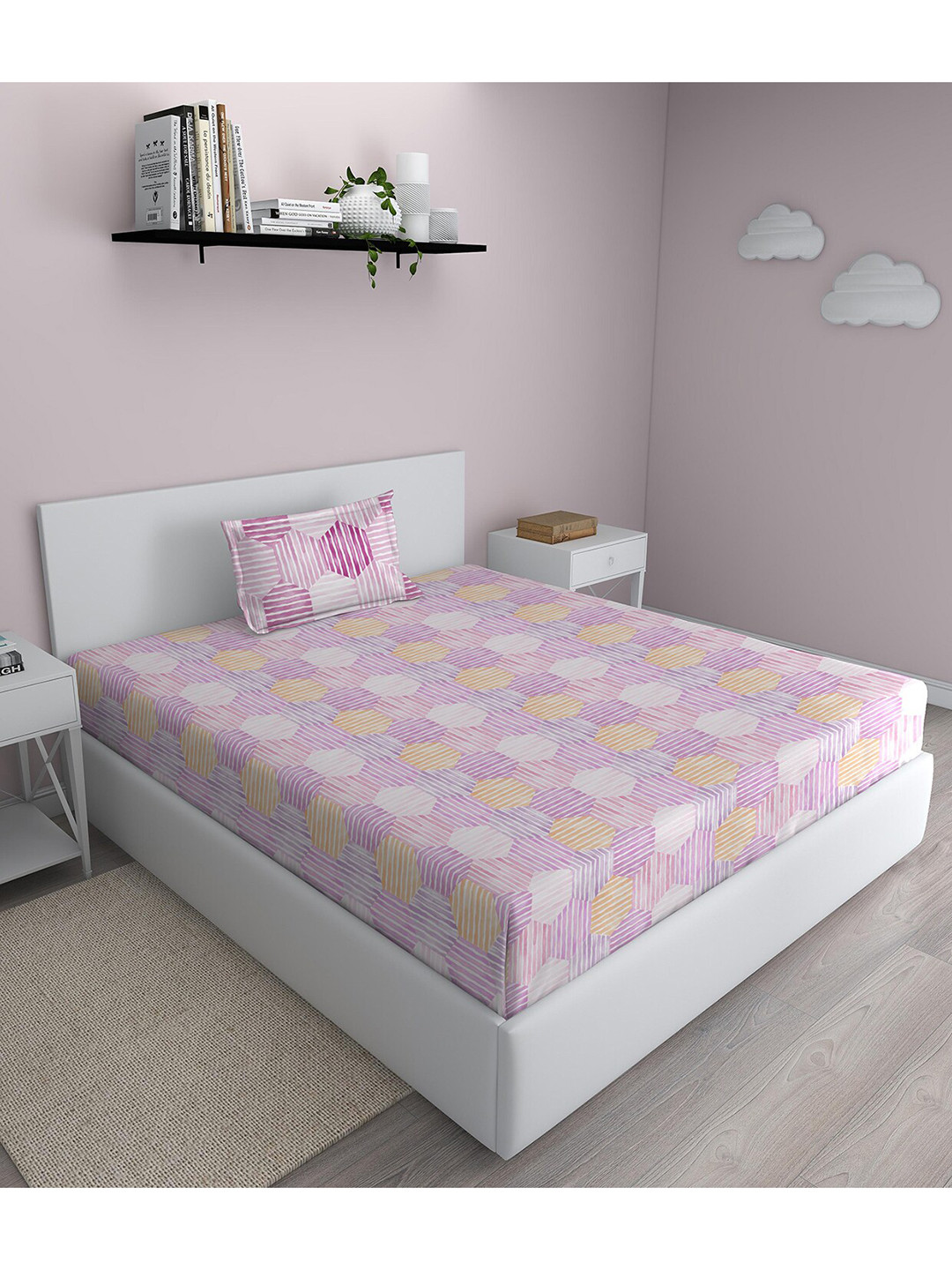 GM Fiesta Pink Geometric Cotton 180 TC Fitted Single Fine Bedsheet with a Pillow Cover-60 x 90 inches