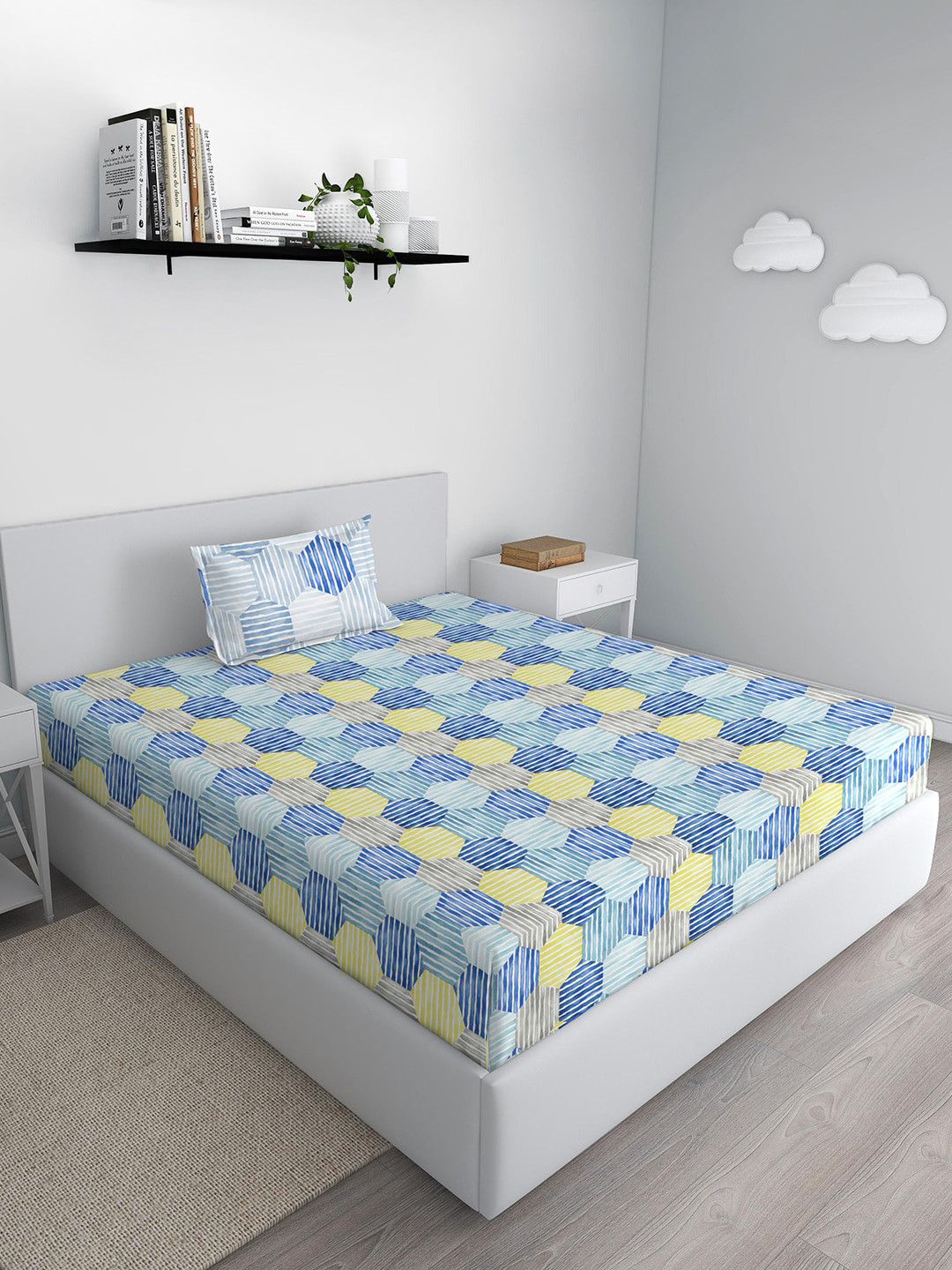 GM Fiesta Blue Geometric Cotton 180 TC Double Fine Bedsheet with a Pillow Cover-60 x 90 inches