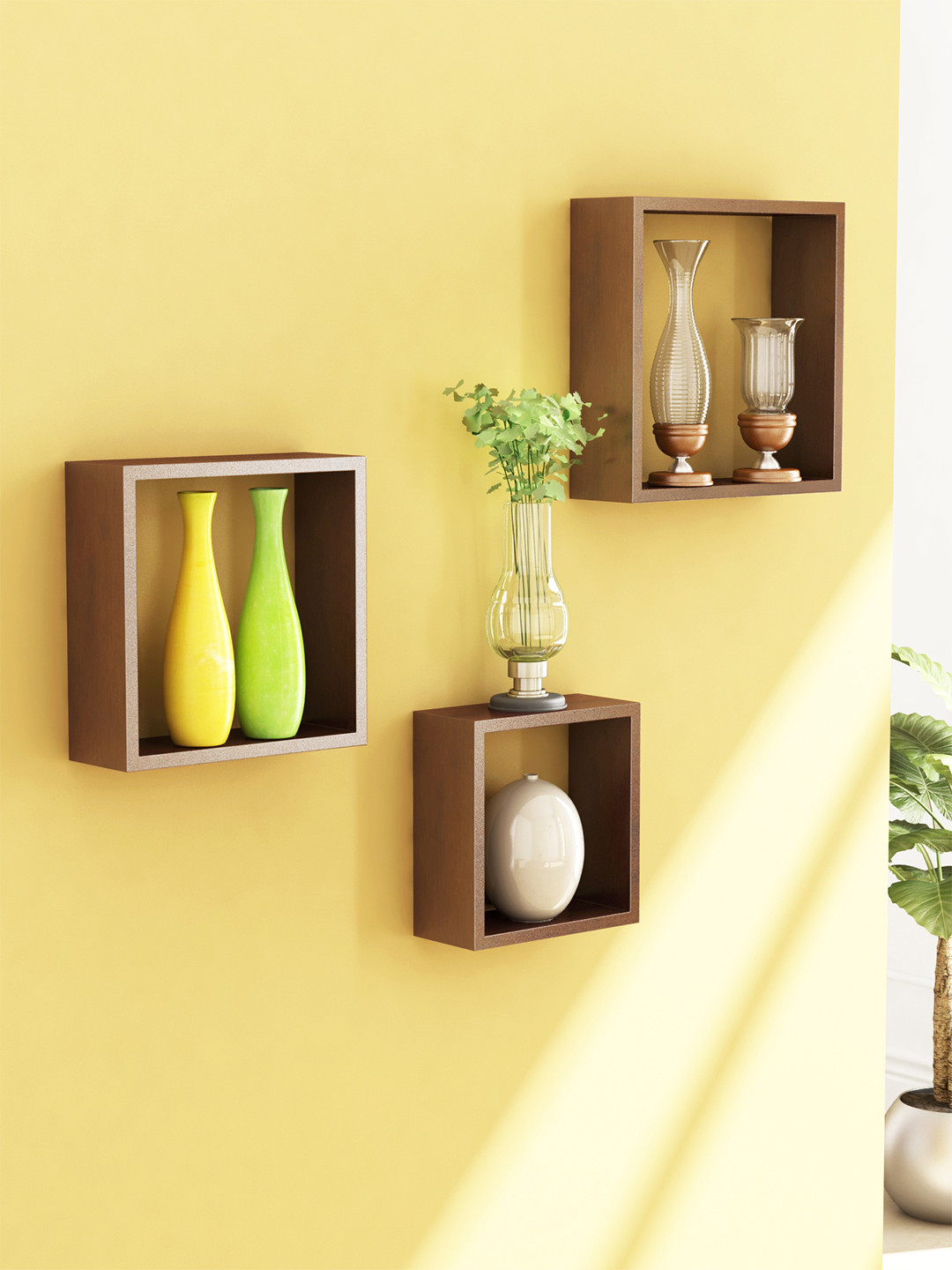 Home Sparkle Set of 3 Brown Cube Wall Shelves
