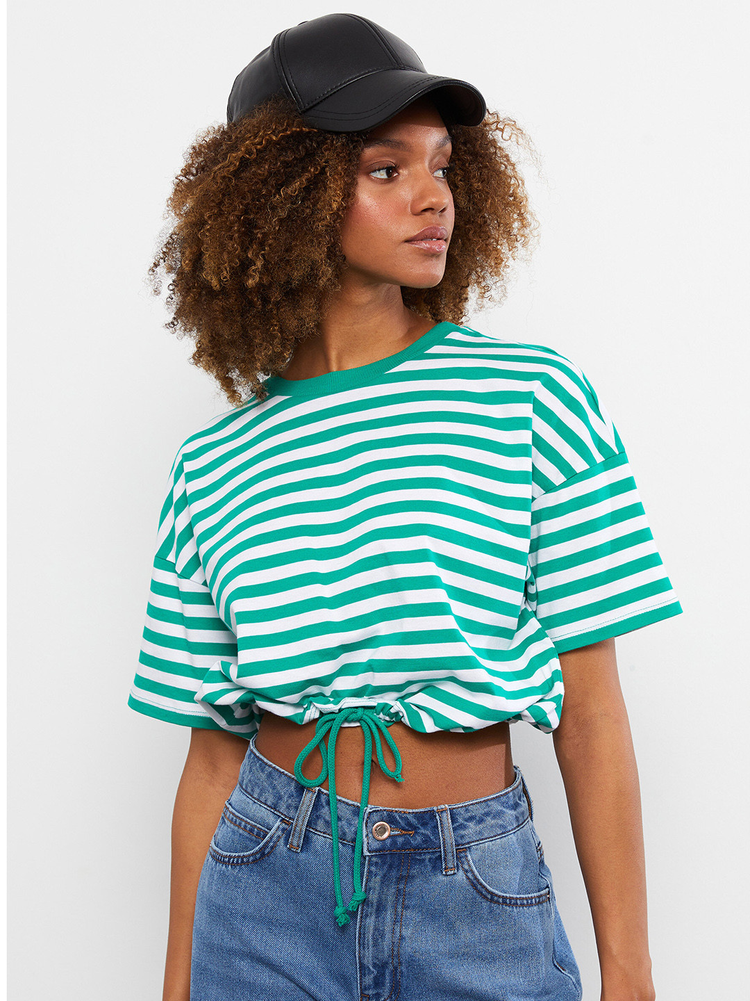 LC Waikiki Green & White Pure Cotton Striped Drop-Shoulder Sleeves Blouson Top
