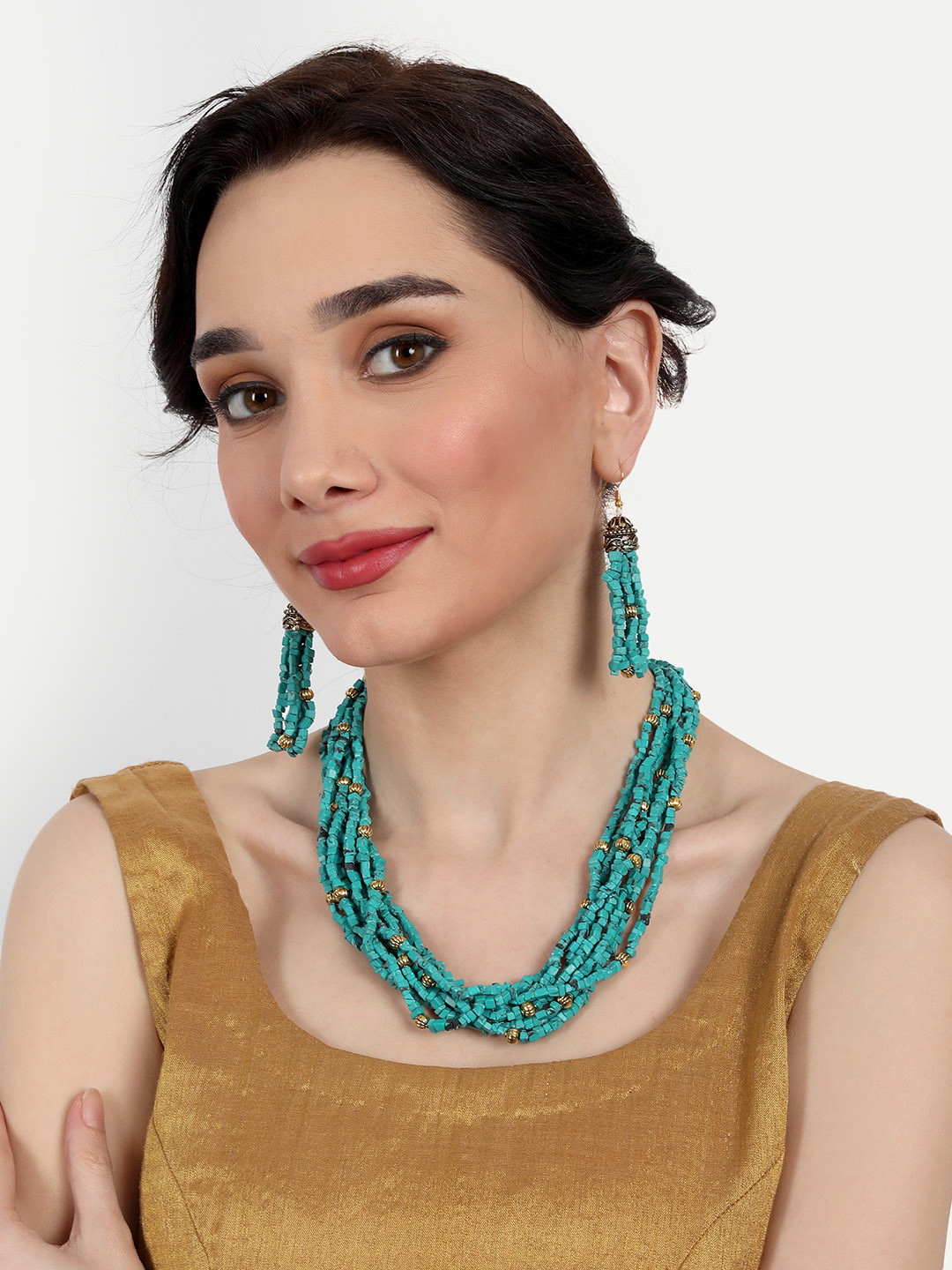 ROHINIKA Gold-Plated Green Pearl Beaded Long Jewellery Set