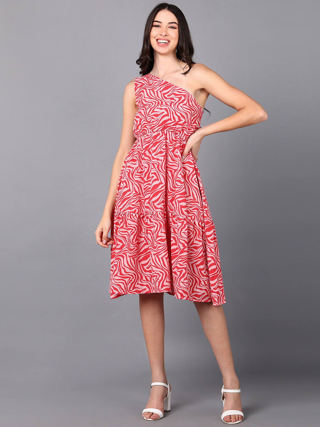 Fashfun Women Red Printed One Shoulder Crepe Midi Dress