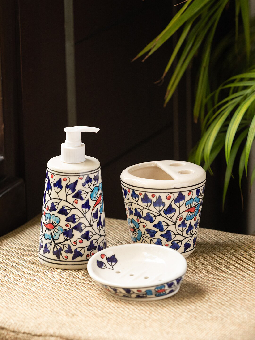 ExclusiveLane Set of 3 White Blue Hand-painted Ceramic Bathroom Accessories Set
