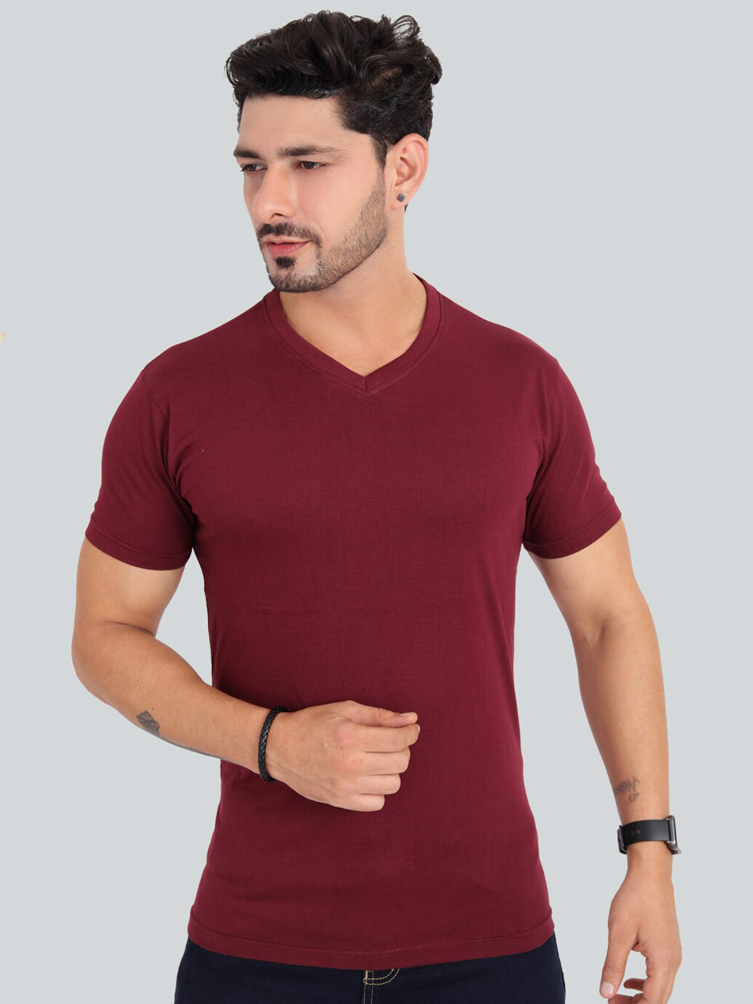 Trends Tower Men Maroon V-Neck Cotton T-shirt