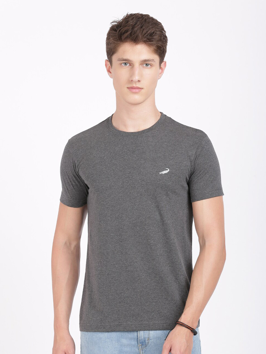 Crocodile Men Grey Solid Cotton T-shirt