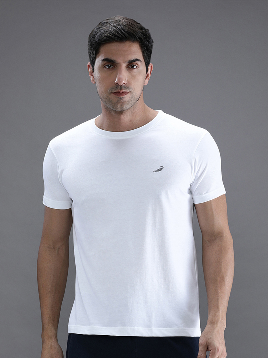 Crocodile Men White Solid Cotton T-shirt