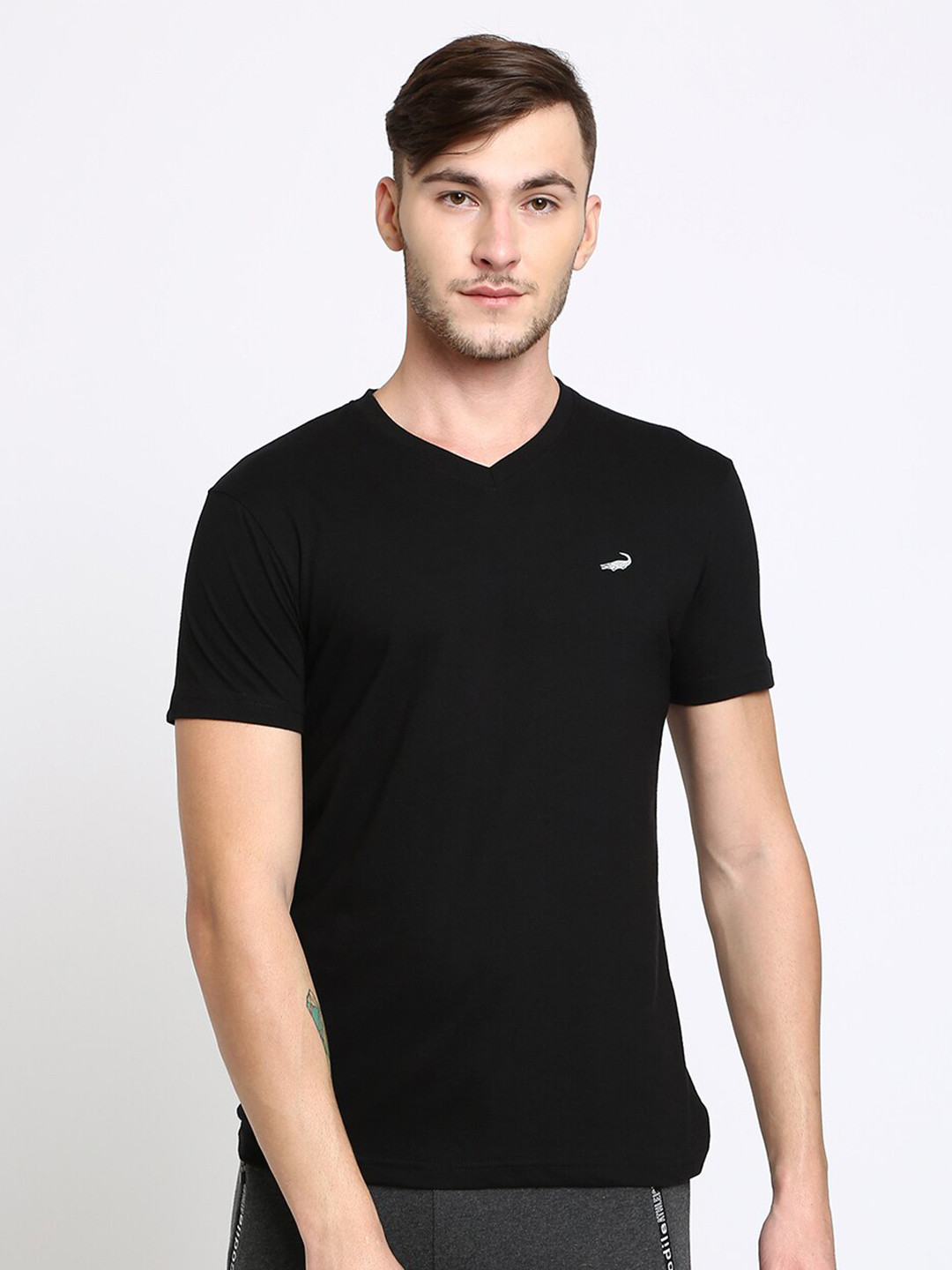 Crocodile Men Black V-Neck Cotton T-shirt