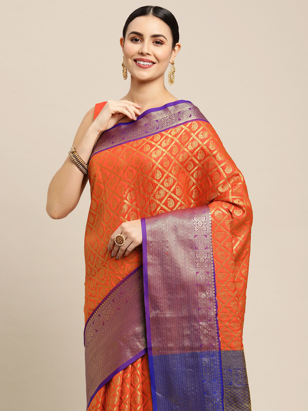 Royal Rajgharana Saree Orange & Gold Ethnic Motifs Zari Celebrity Banarasi Sarees