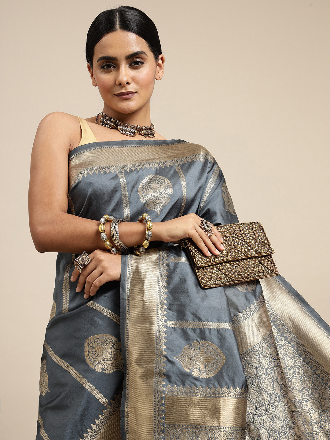 Royal Rajgharana Saree Grey Ethnic Motifs Silk Blend Banarasi Sarees