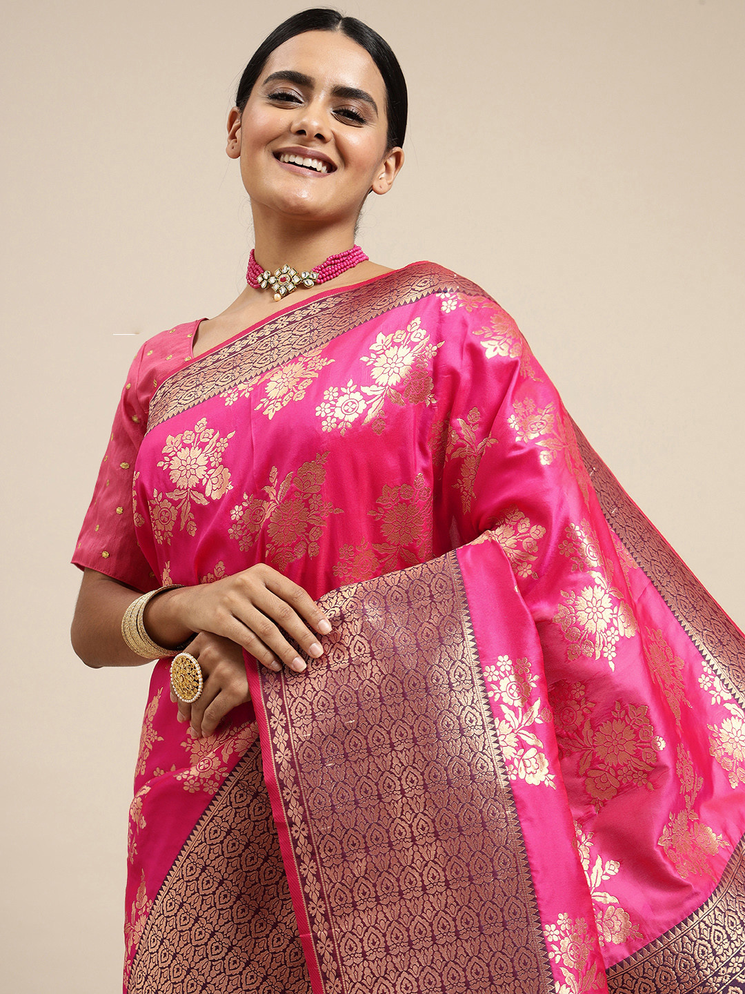 Royal Rajgharana Saree Pink Ethnic Motifs Silk Blend Banarasi Sarees