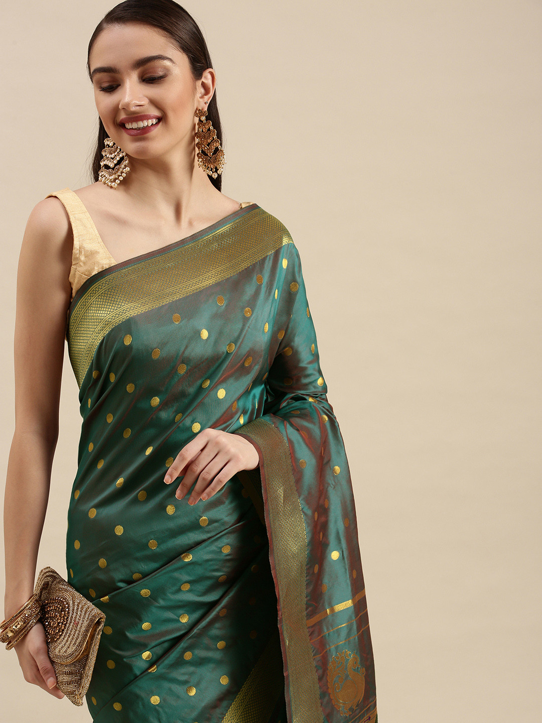 Royal Rajgharana Saree Teal Green & Gold Polka Dot Zari Celebrity Paithani Sarees