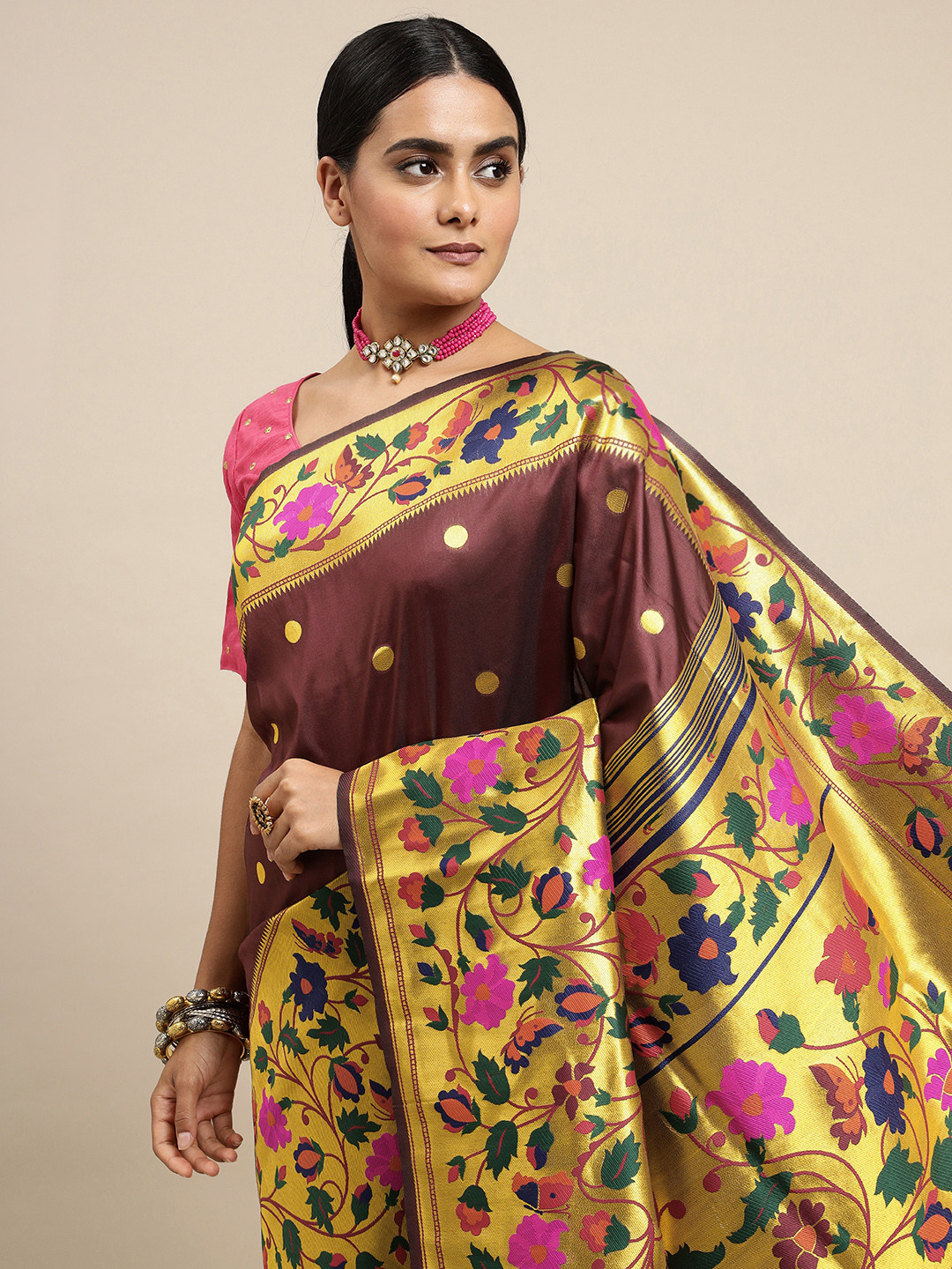 Royal Rajgharana Saree Maroon Floral Silk Blend Paithani Sarees