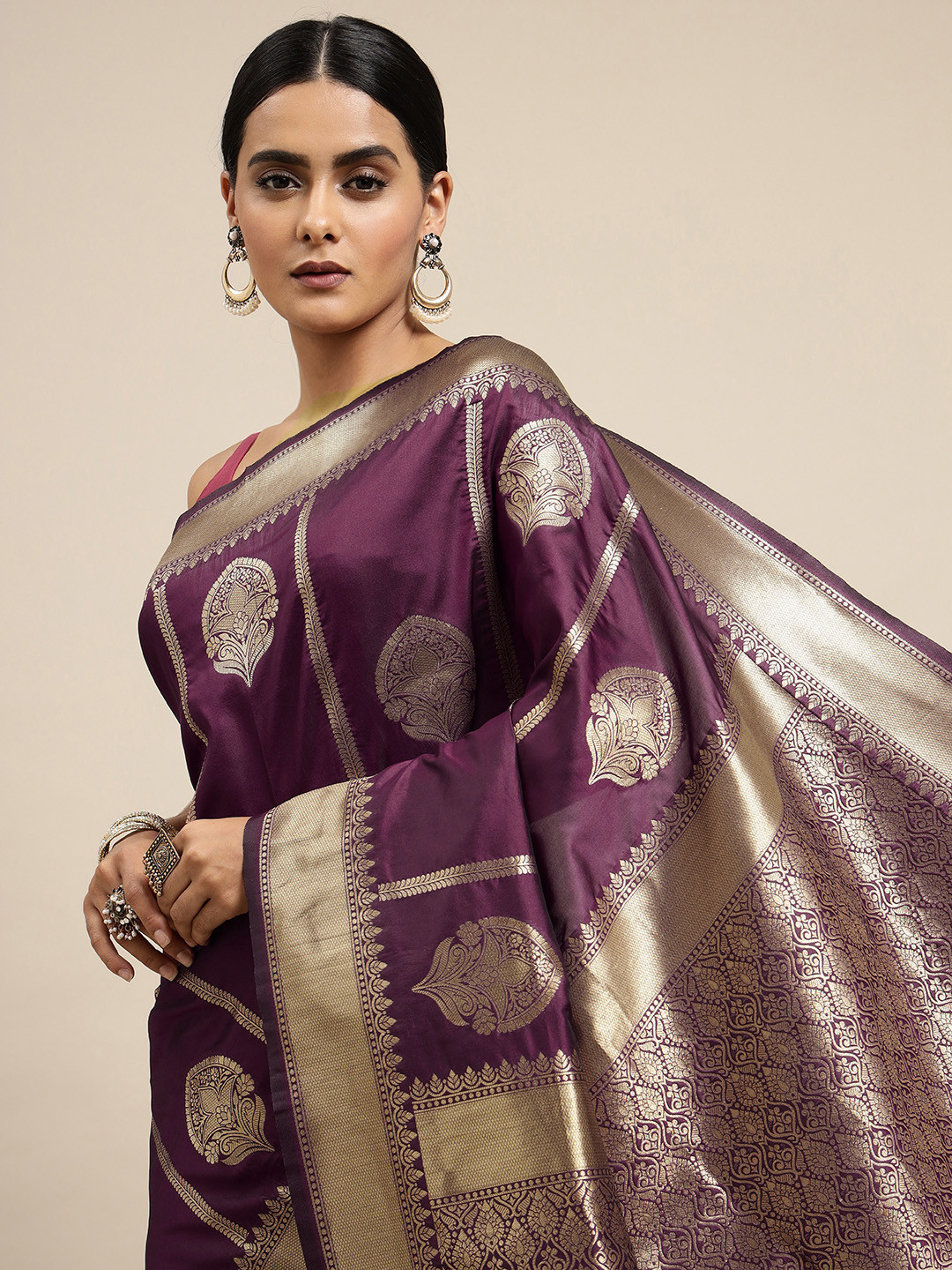 Royal Rajgharana Saree Purple Ethnic Motifs Silk Blend Banarasi Sarees