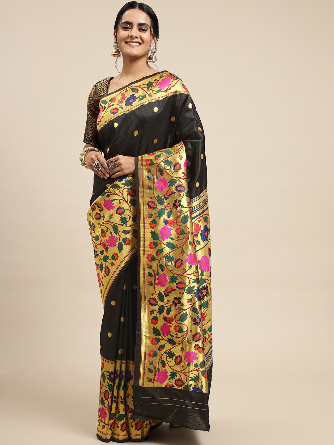 Royal Rajgharana Saree Black Floral Silk Blend Paithani Sarees